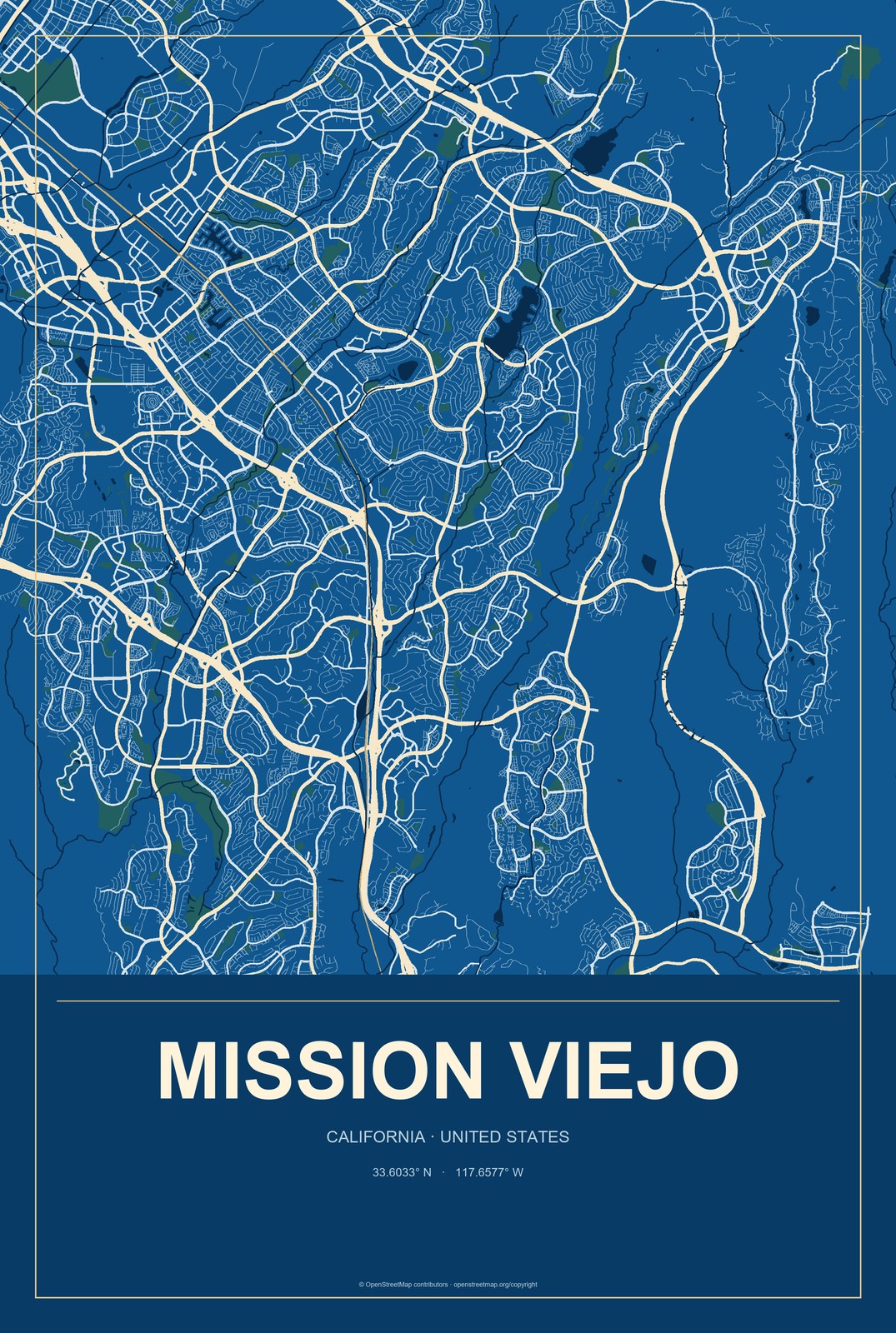 Mission Viejo, California City Map Aluminum Sign in Harbor Cobalt style