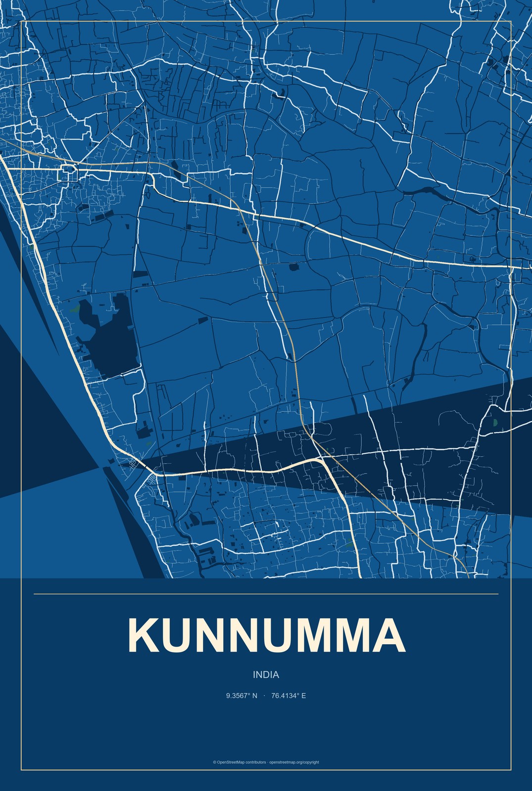 Kunnumma, India City Map Aluminum Sign in Harbor Cobalt style