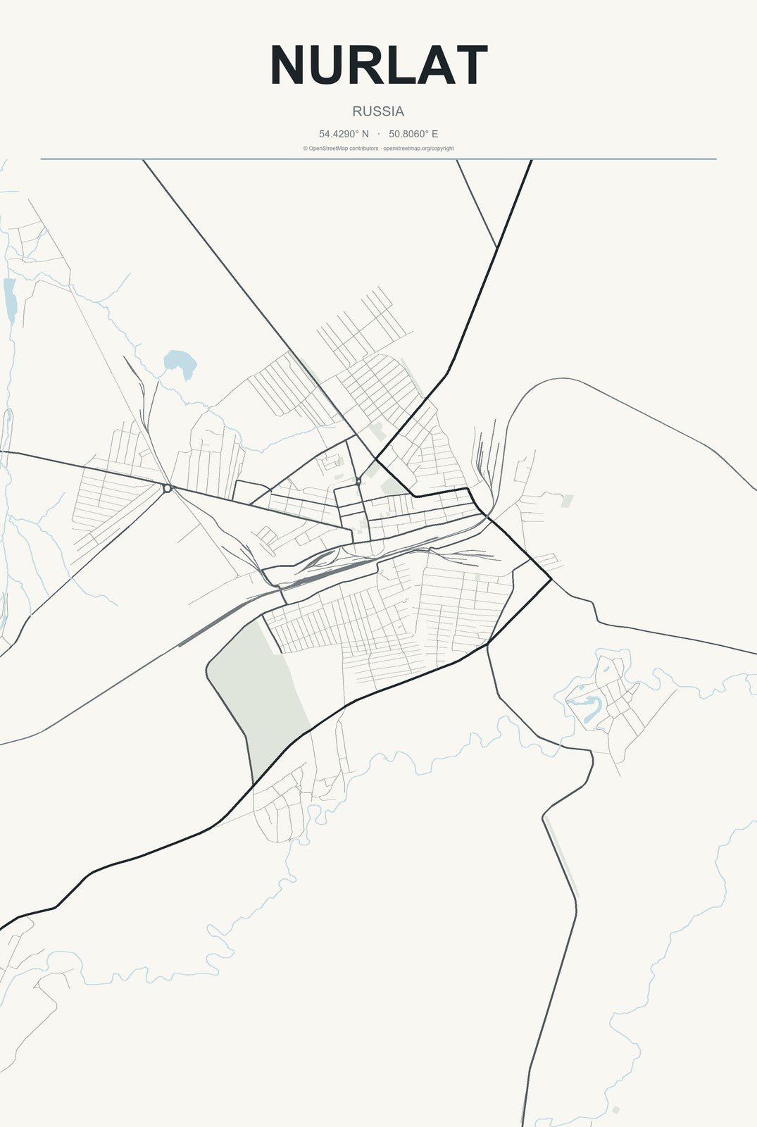 Nurlat, Russia City Map Aluminum Sign in Headline Atlas style