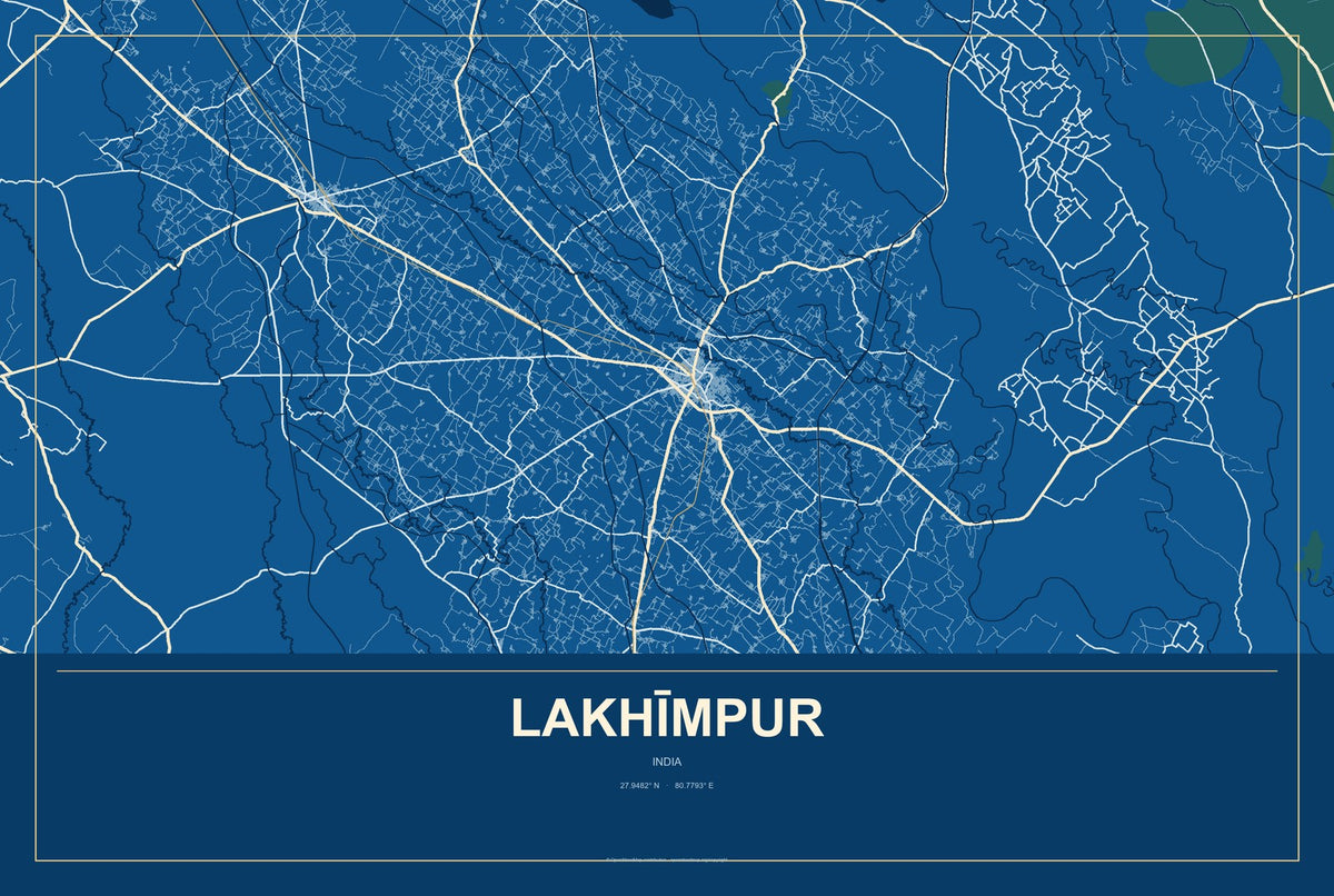 Lakhīmpur, India City Map Aluminum Sign in Harbor Cobalt style