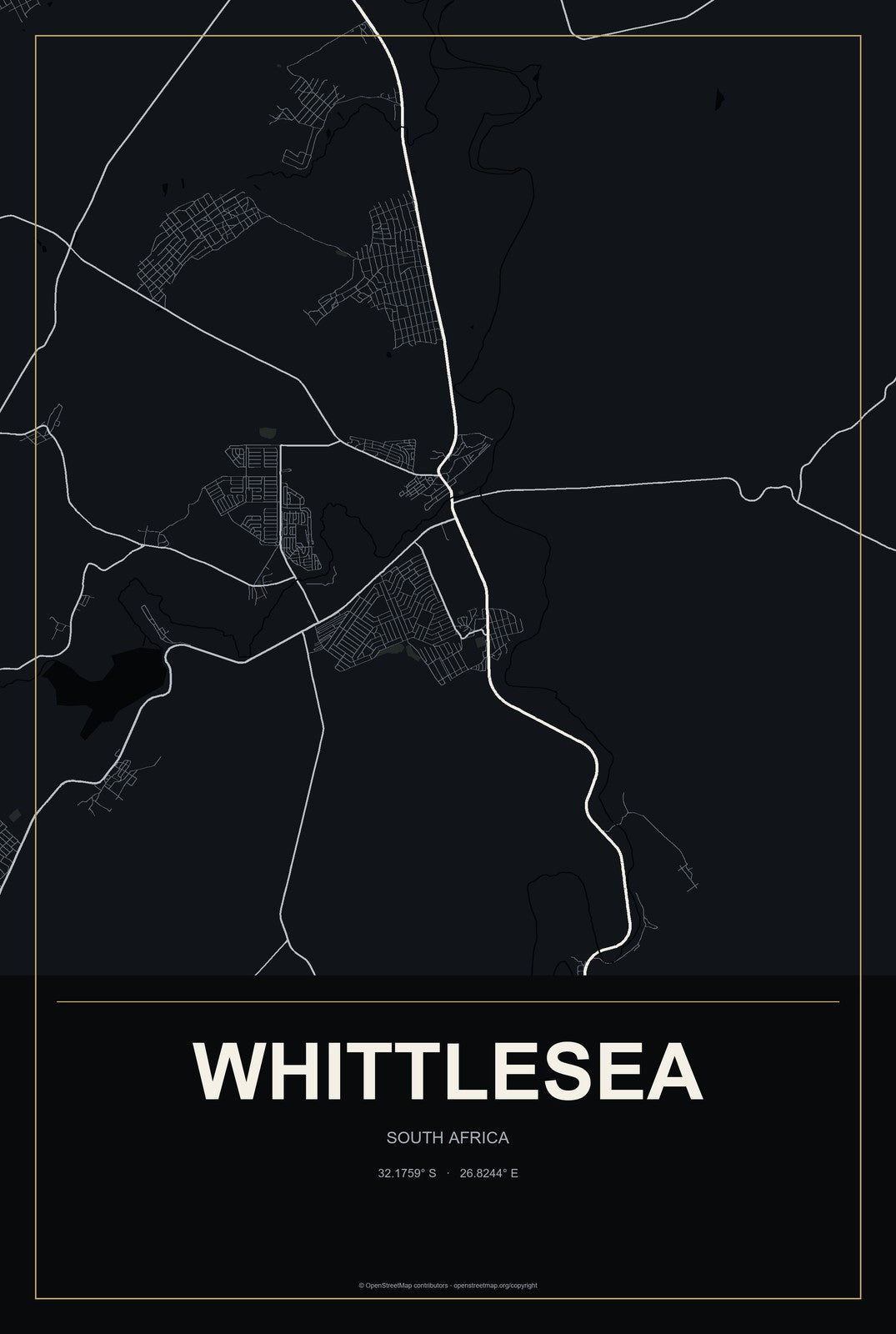 Whittlesea, South Africa City Map Aluminum Sign in Metropolitan Noir style