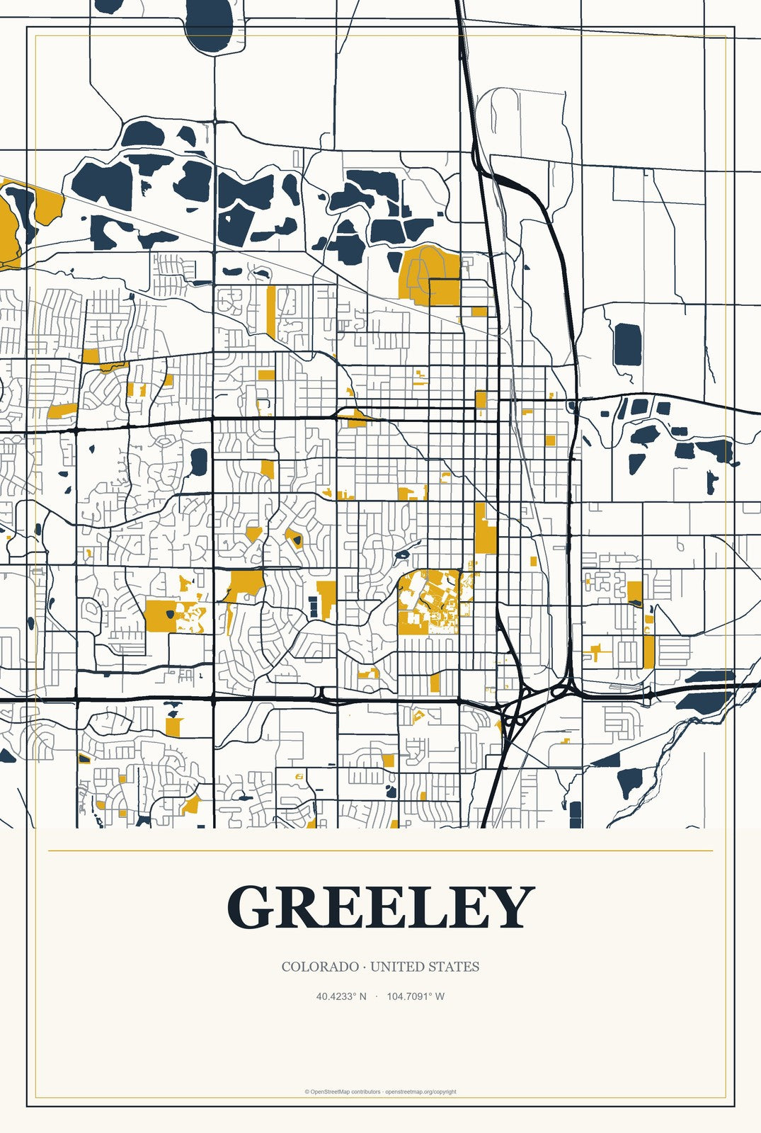 Greeley, Colorado City Map Aluminum Sign in Citrine Modern style