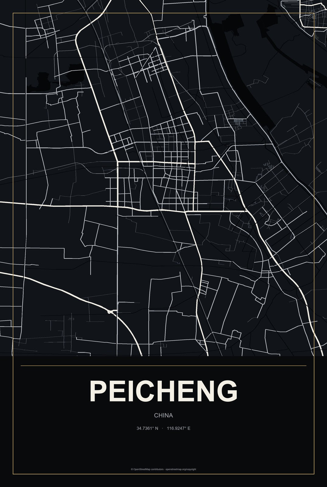 Peicheng, China City Map Aluminum Sign in Metropolitan Noir style