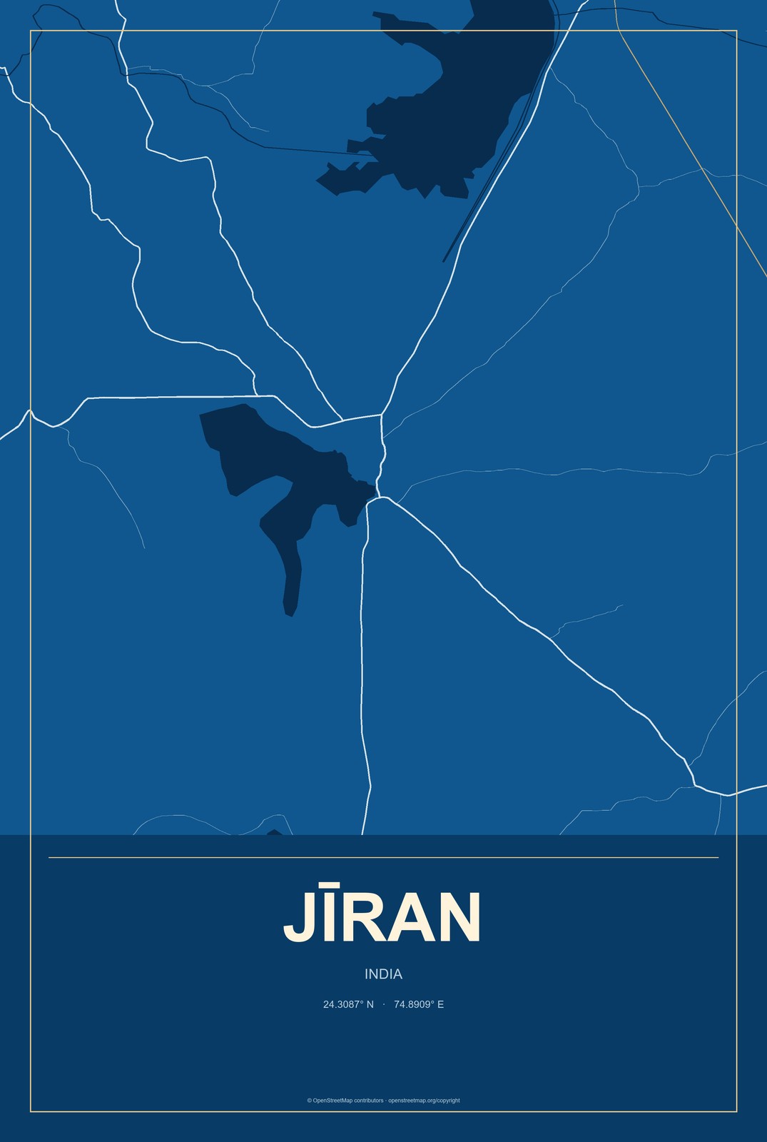 Jīran, India City Map Aluminum Sign in Harbor Cobalt style