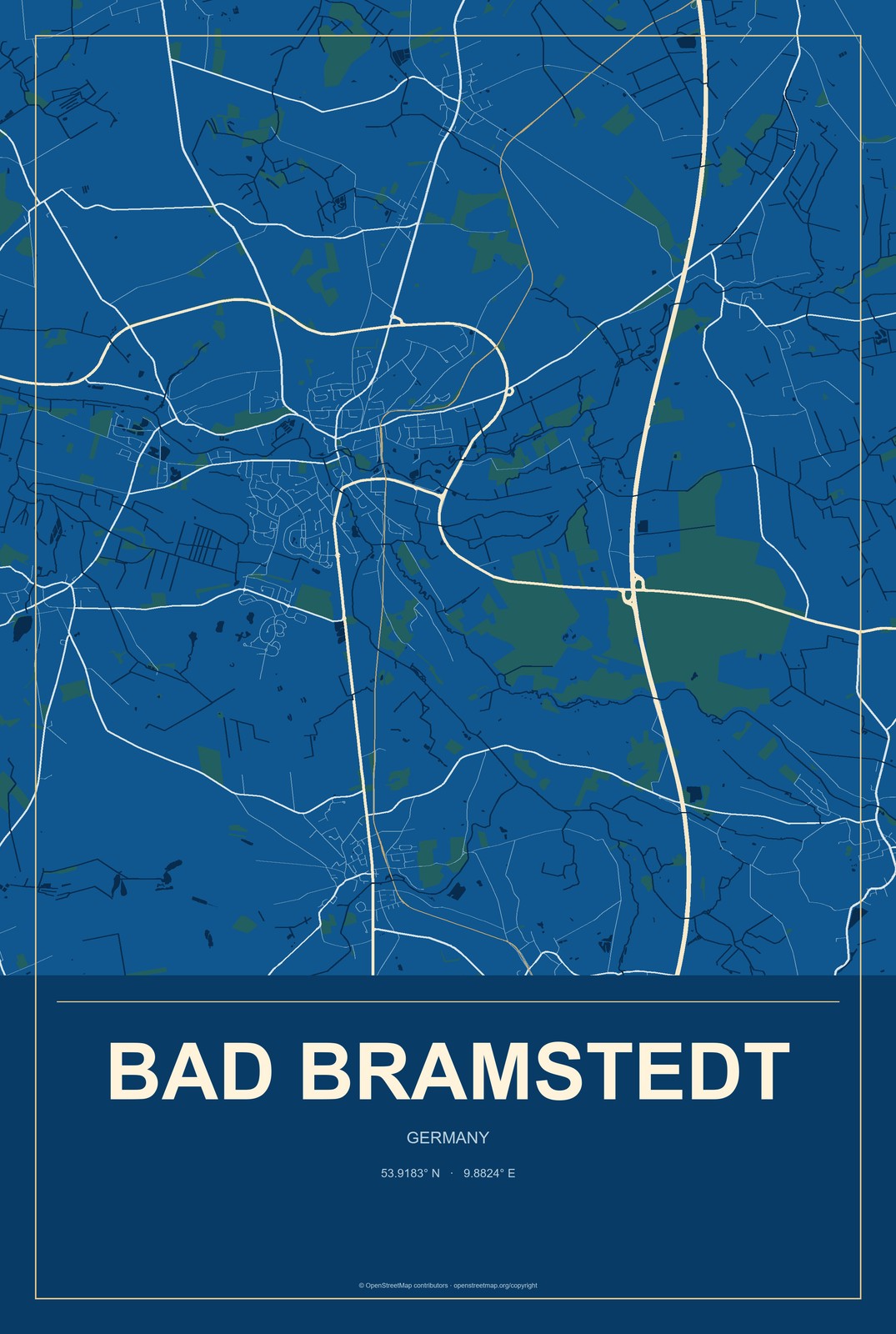 Bad Bramstedt, Germany City Map Aluminum Sign in Harbor Cobalt style