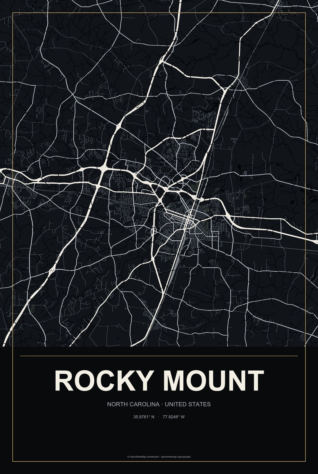 Rocky Mount, North Carolina City Map Aluminum Sign in Metropolitan Noir style