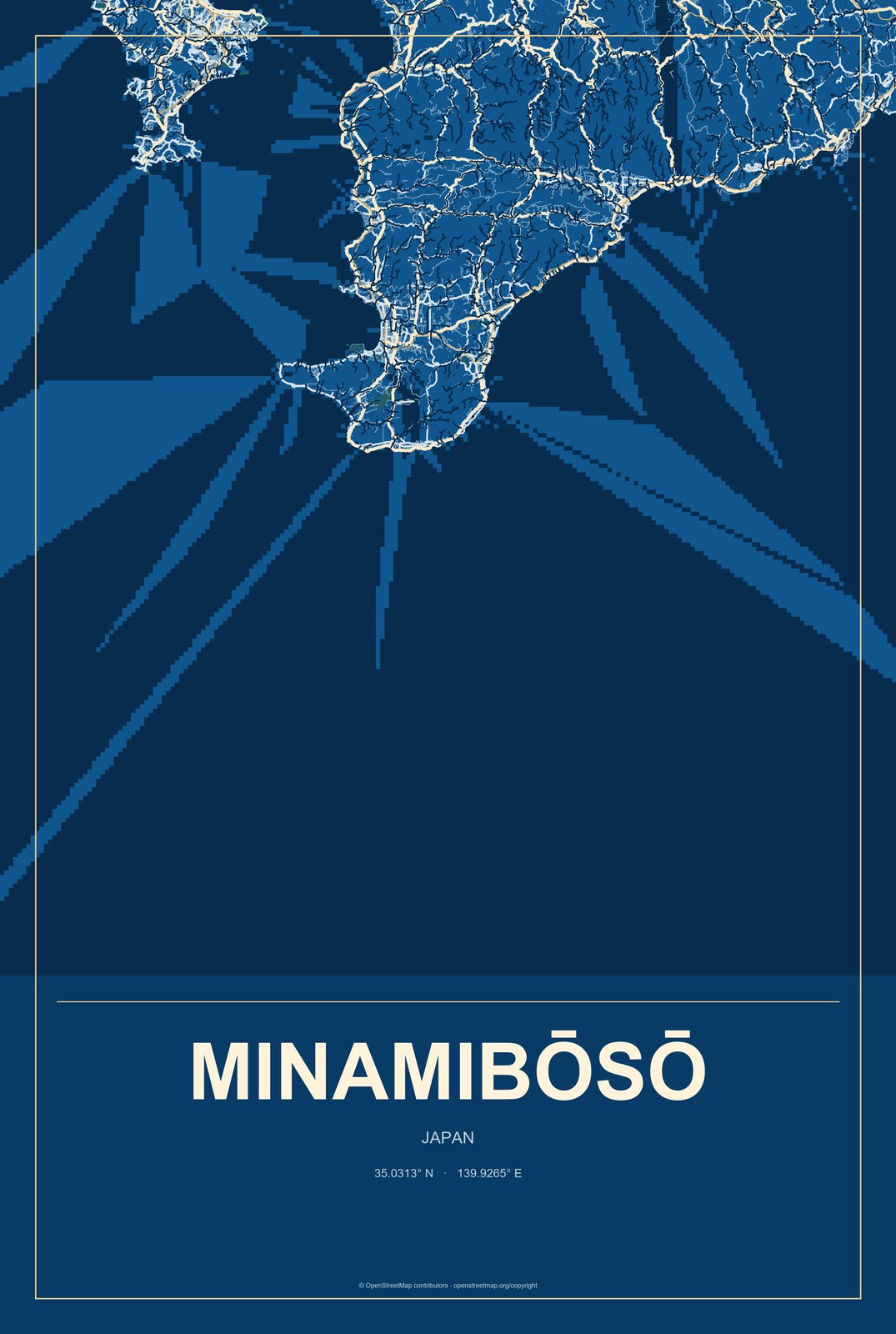 Minamibōsō, Japan City Map Aluminum Sign in Harbor Cobalt style
