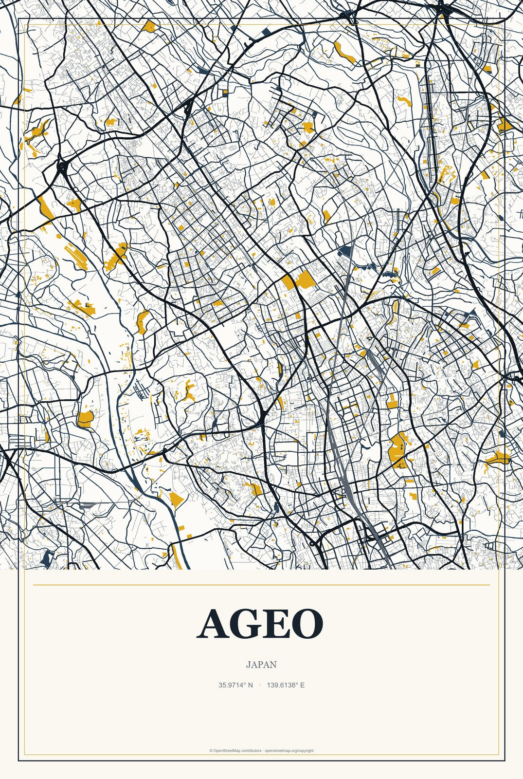 Ageo, Japan City Map Aluminum Sign in Citrine Modern style