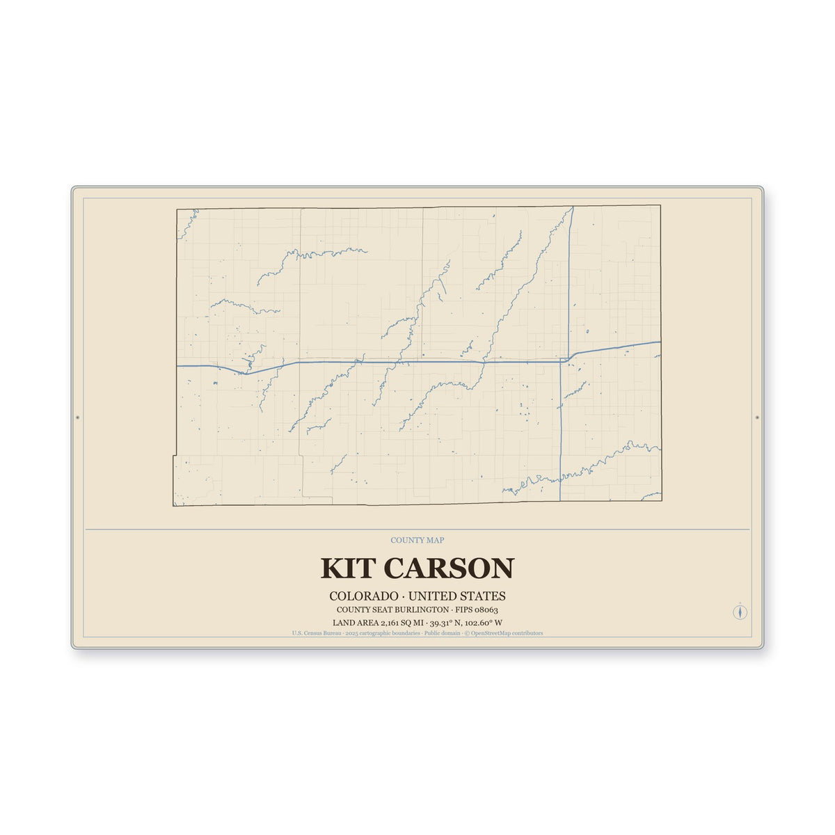 Kit Carson County, Colorado Map Aluminum Sign in Heritage Nautical style