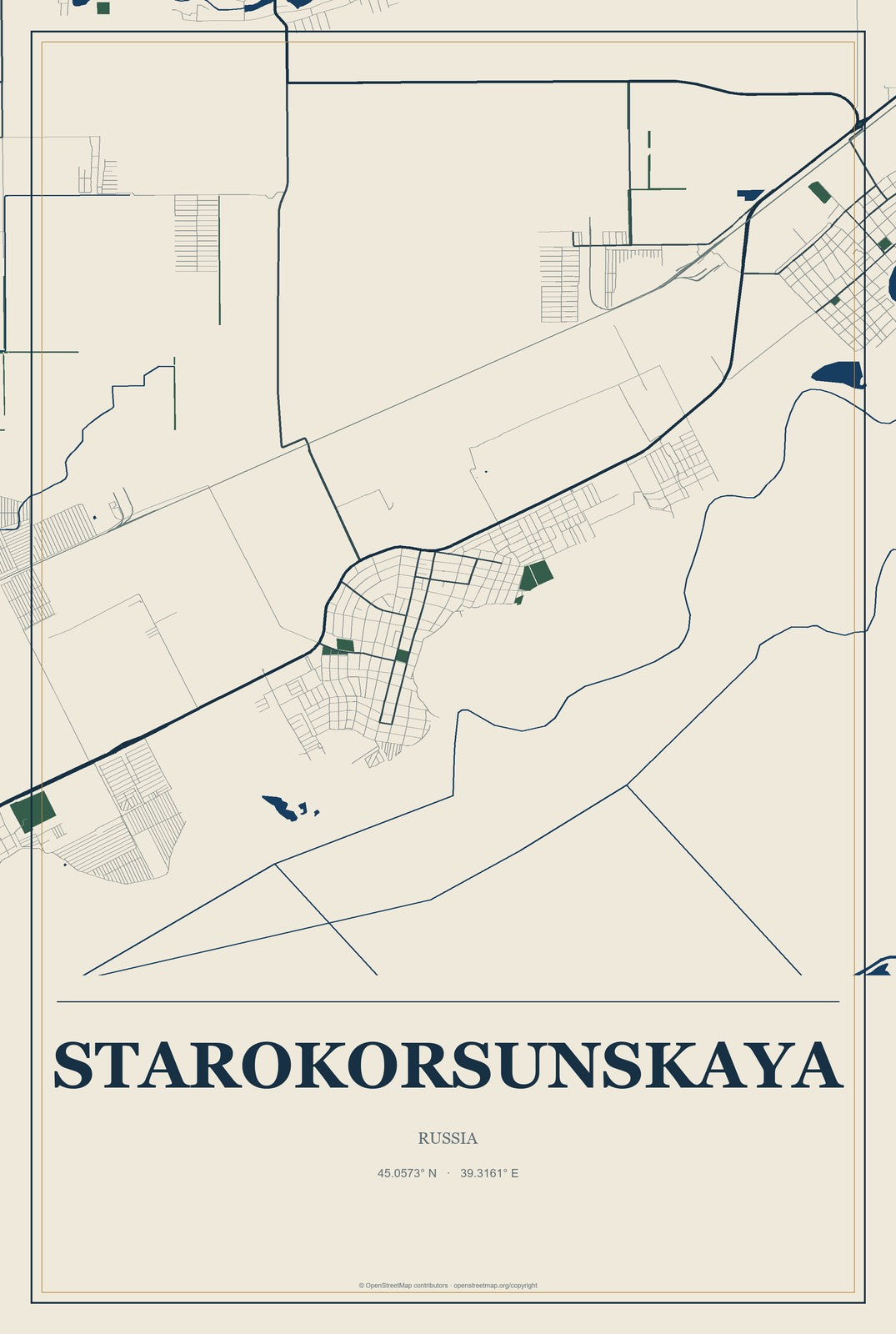 Starokorsunskaya, Russia City Map Aluminum Sign in Coastal Cutout style