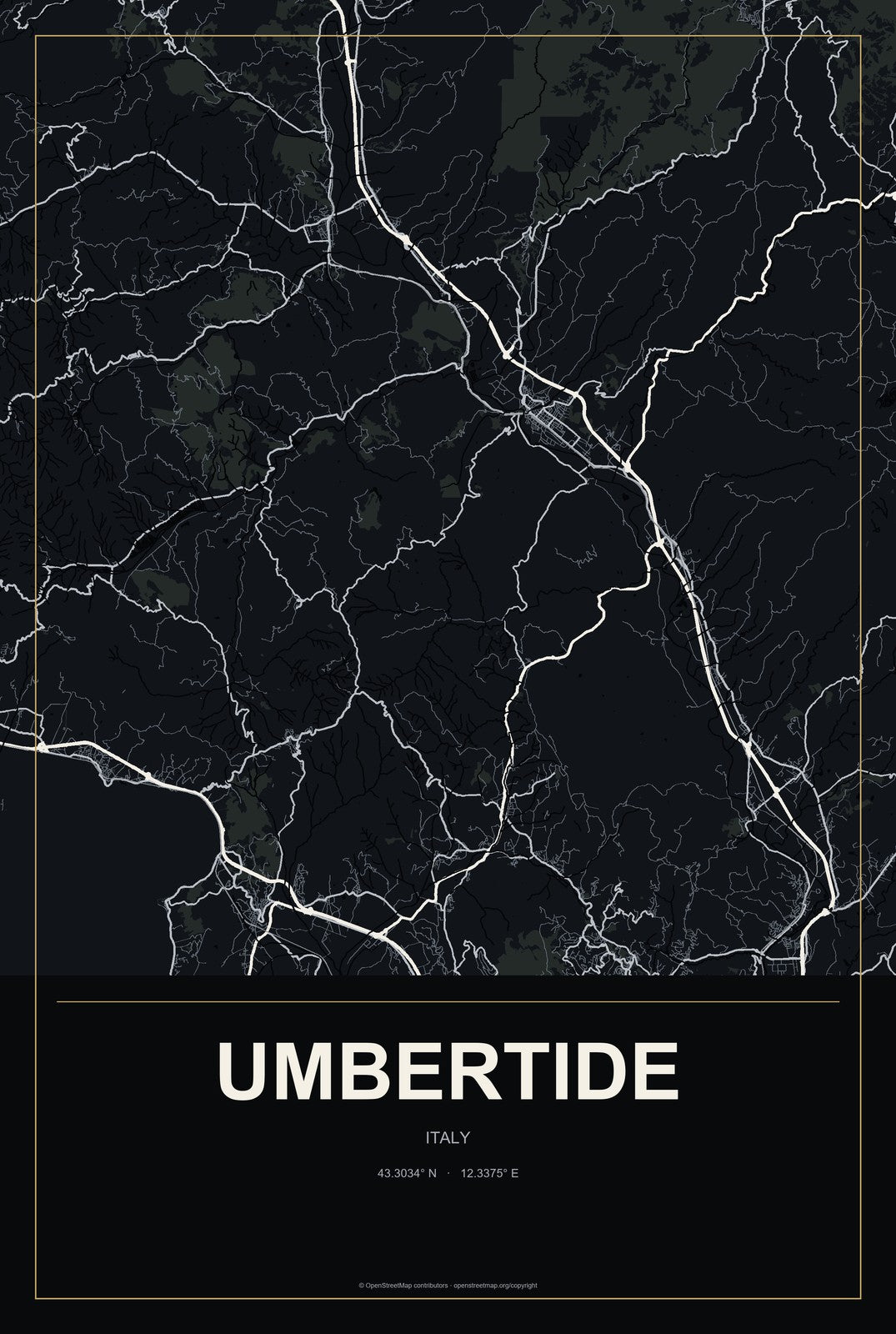 Umbertide, Italy City Map Aluminum Sign in Metropolitan Noir style