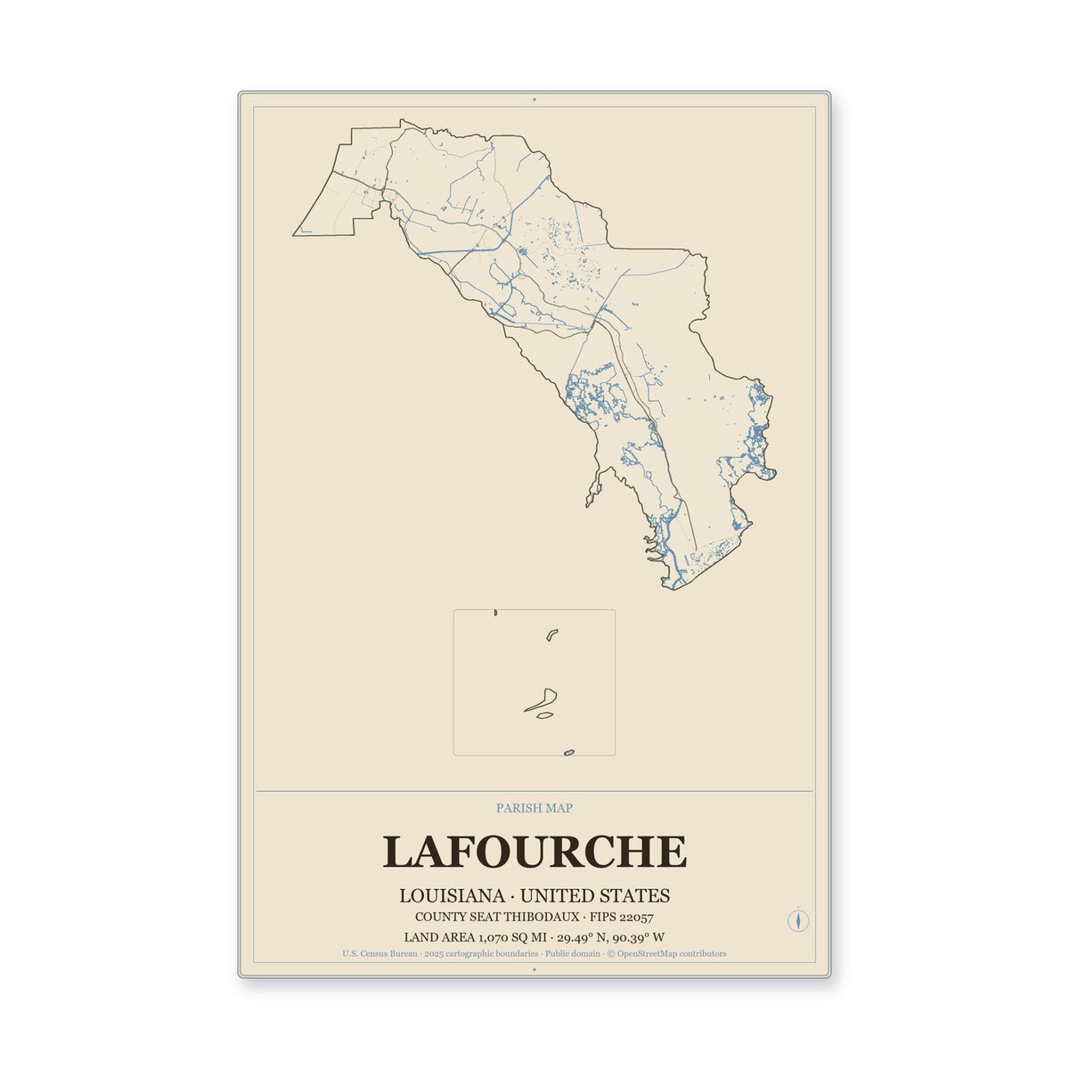 Lafourche Parish, Louisiana Map Aluminum Sign in Heritage Nautical style