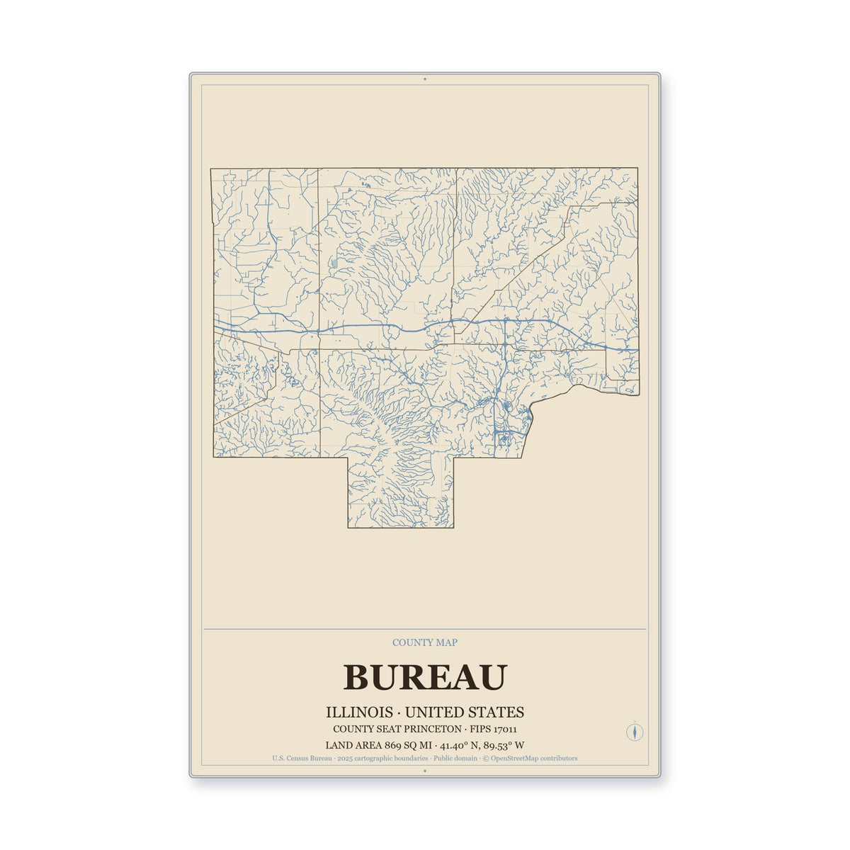 Bureau County, Illinois Map Aluminum Sign in Heritage Nautical style