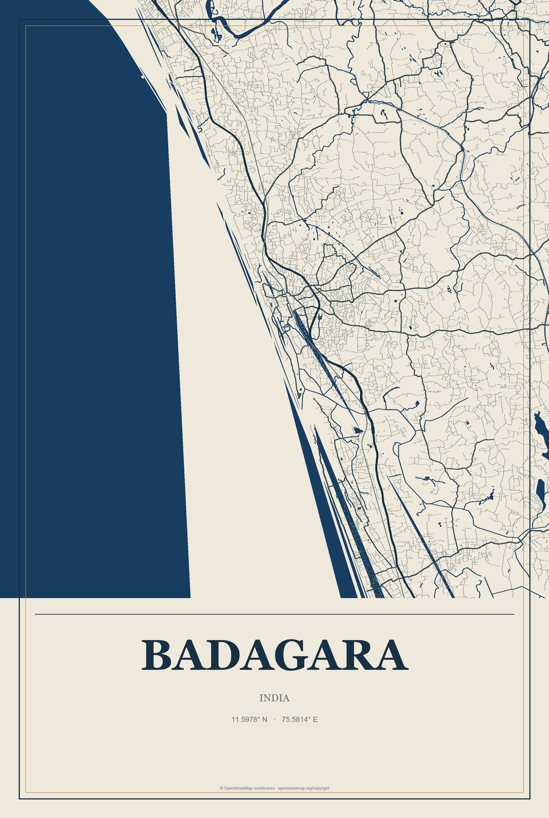 Badagara, India City Map Aluminum Sign in Coastal Cutout style