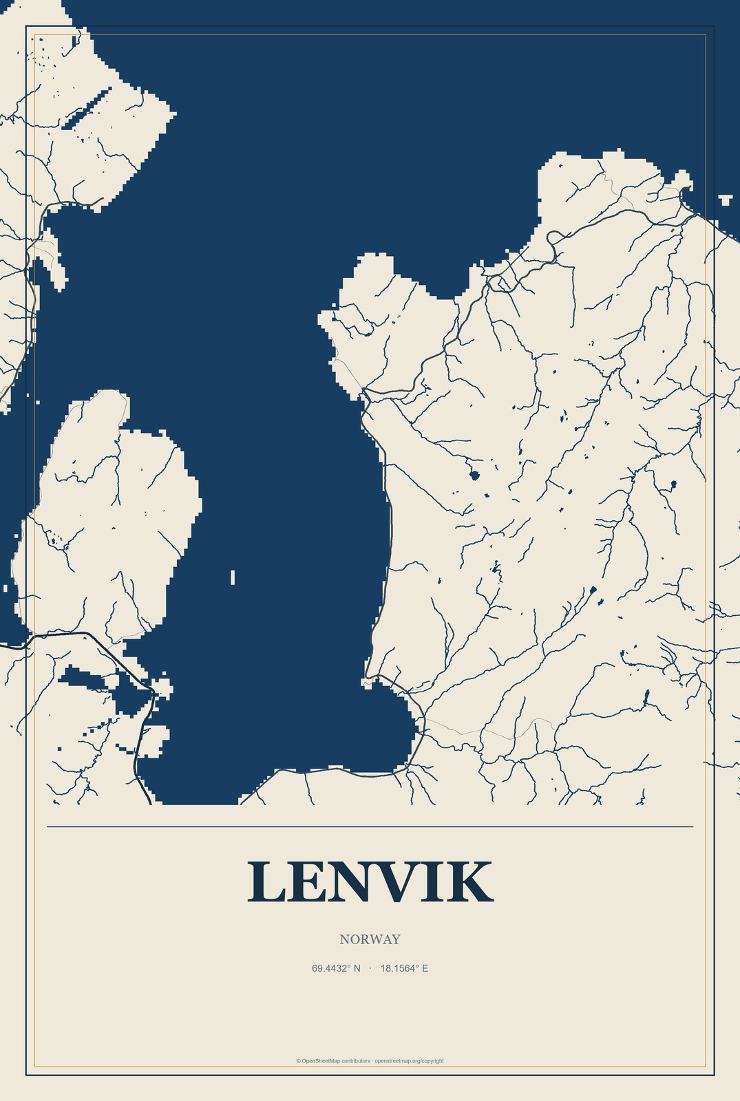 Lenvik, Norway City Map Aluminum Sign in Coastal Cutout style
