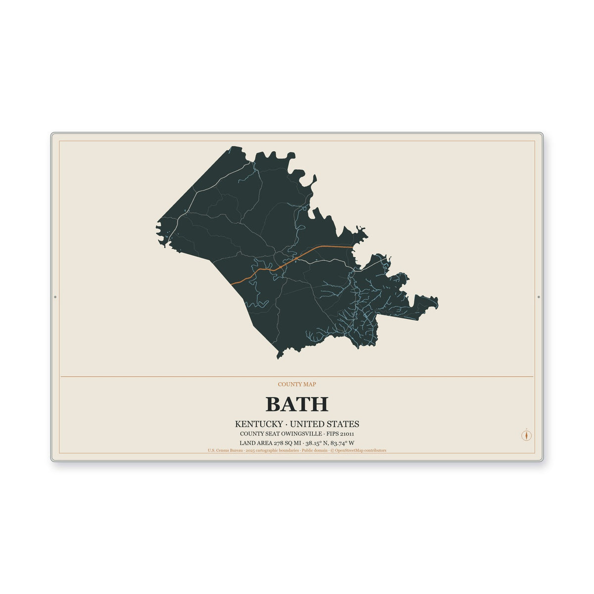Bath County, Kentucky Map Aluminum Sign in Headline Atlas style