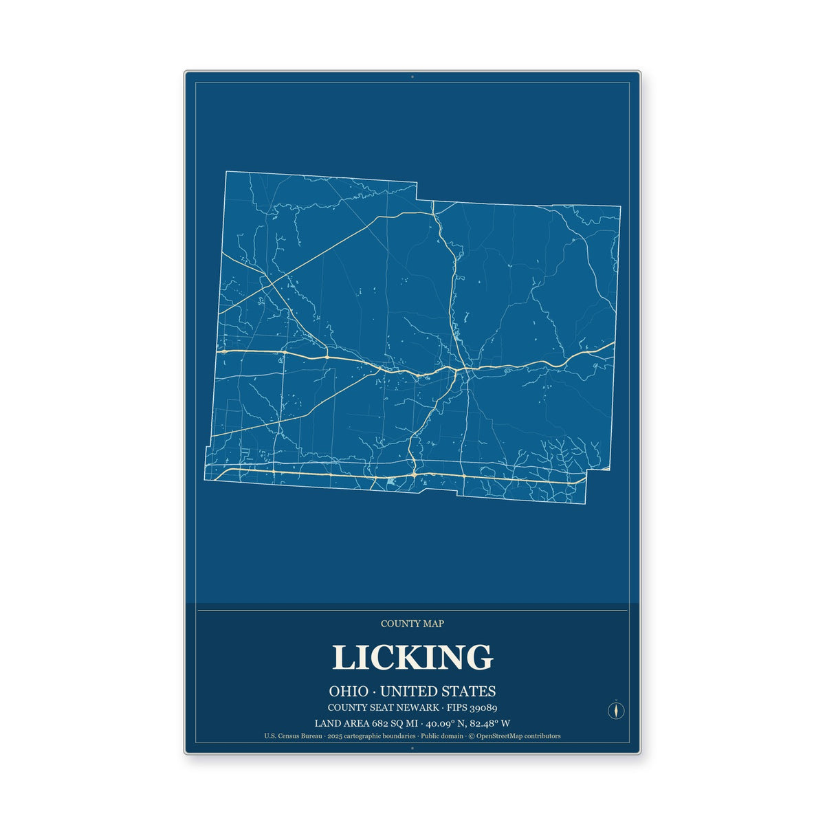 Licking County, Ohio Map Aluminum Sign in Harbor Cobalt style