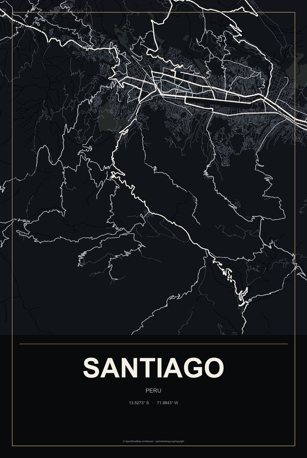 Santiago, Ica, Peru City Map Aluminum Sign in Metropolitan Noir style
