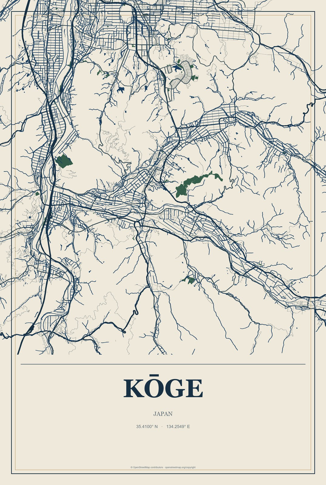 Kōge, Japan City Map Aluminum Sign in Coastal Cutout style