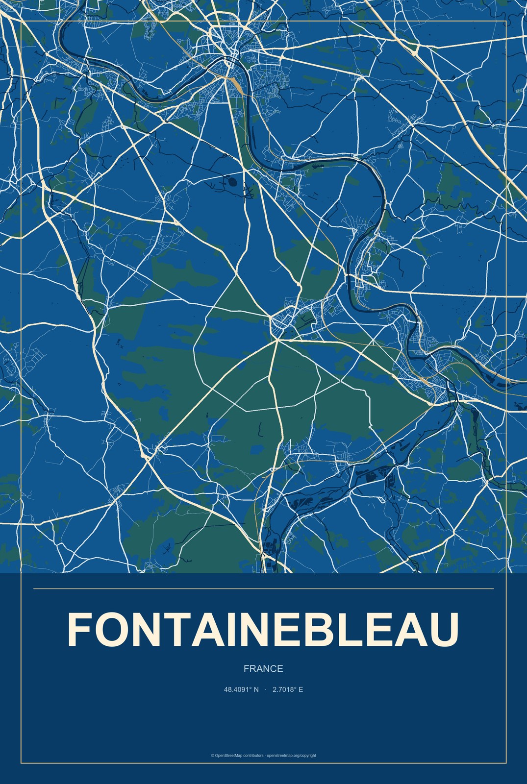 Fontainebleau, France City Map Aluminum Sign in Harbor Cobalt style
