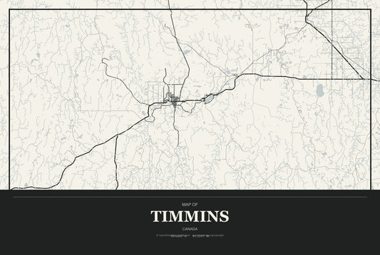 Timmins, Canada City Map Aluminum Sign in Museum Plaque style