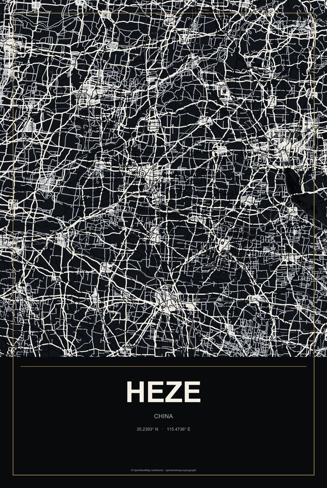 Heze, China City Map Aluminum Sign in Metropolitan Noir style