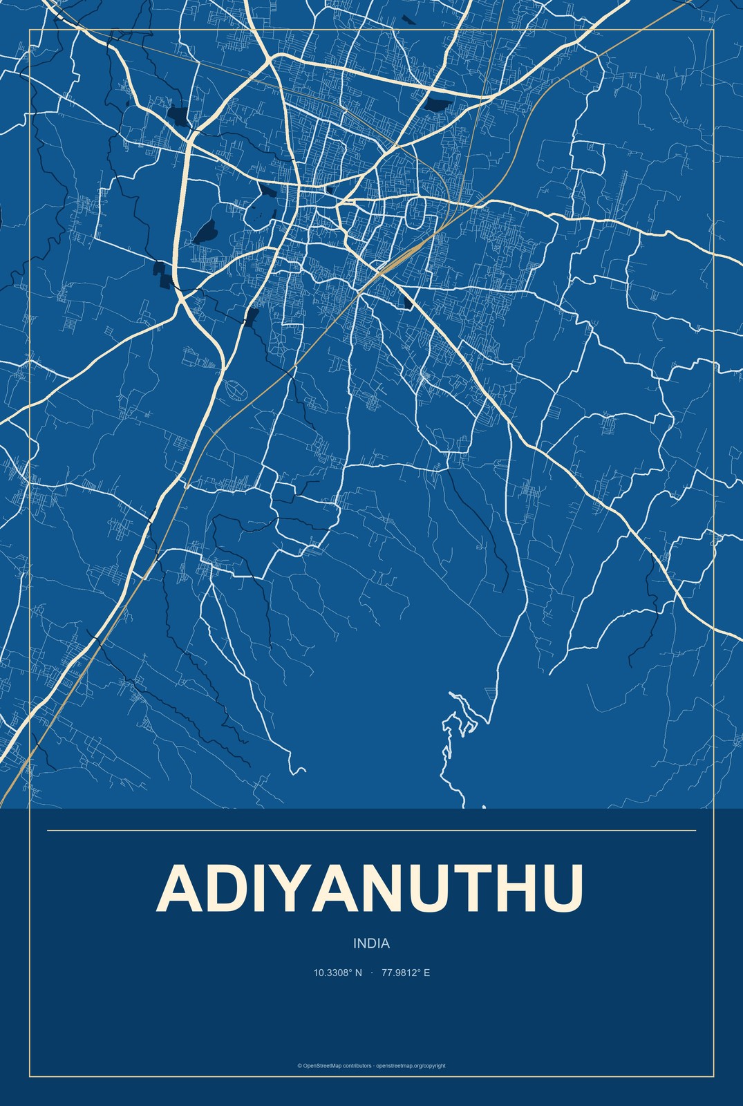 Adiyanuthu, India City Map Aluminum Sign in Harbor Cobalt style