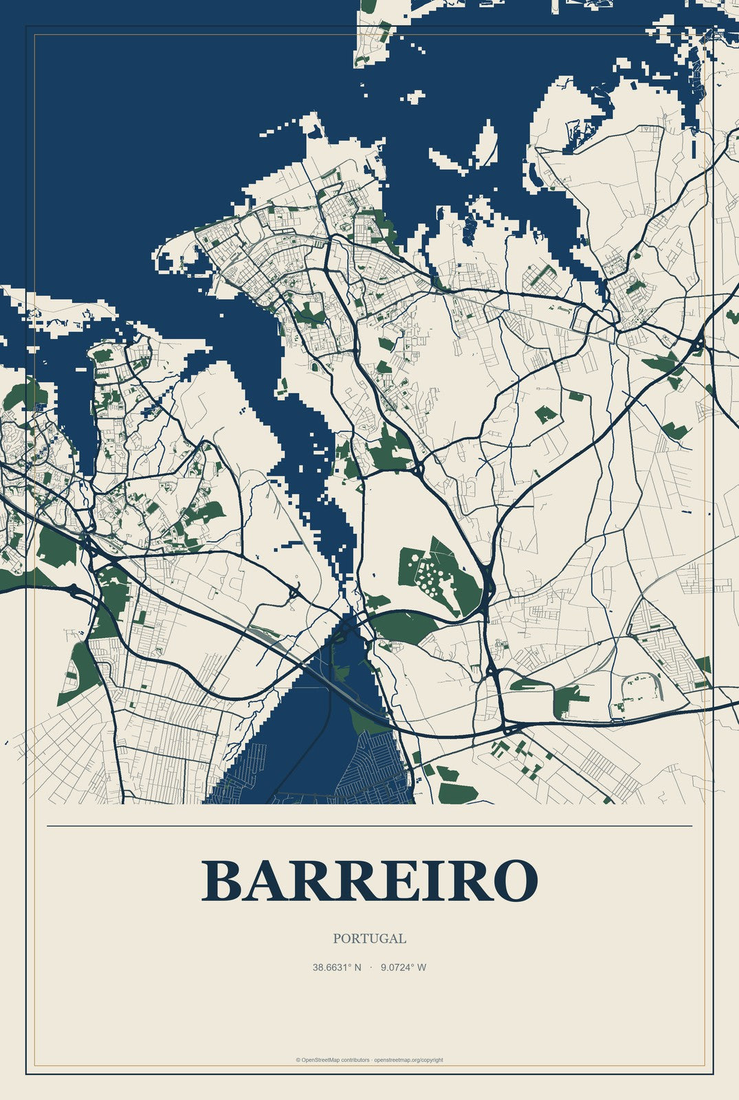 Barreiro, Portugal City Map Aluminum Sign in Coastal Cutout style