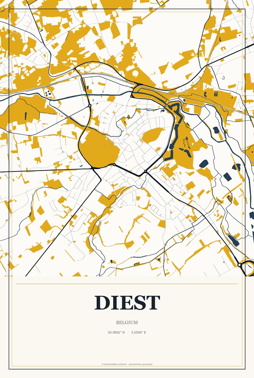 Diest, Belgium City Map Aluminum Sign in Citrine Modern style