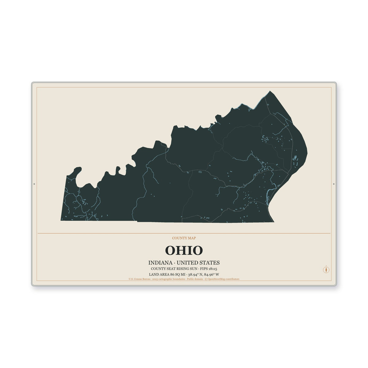 Ohio County, Indiana Map Aluminum Sign in Headline Atlas style