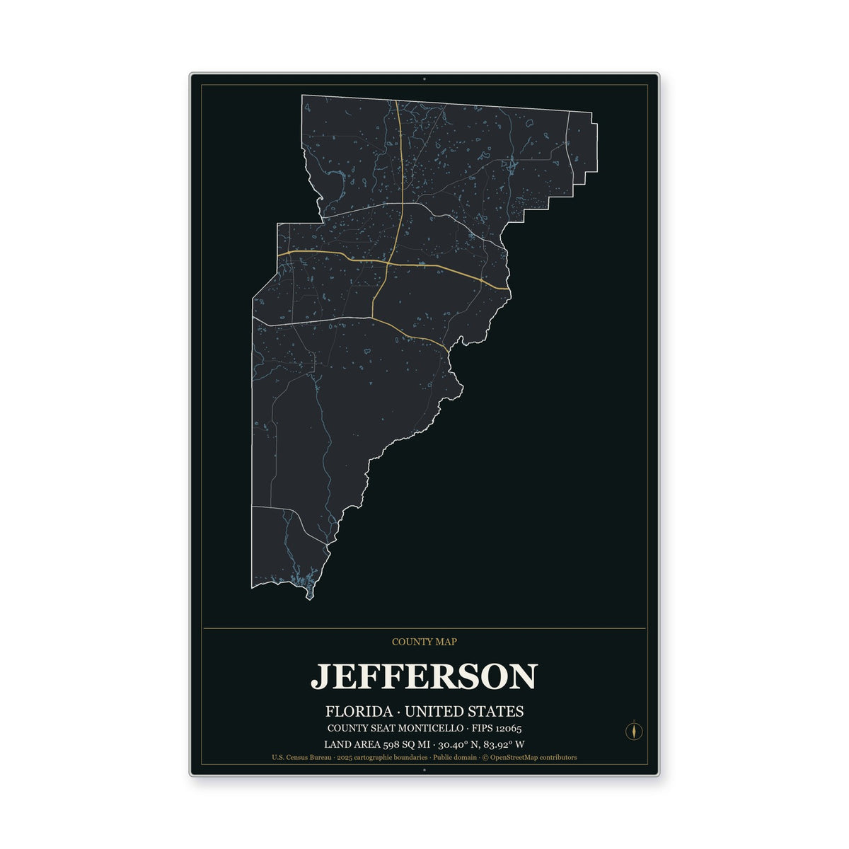 Jefferson County, Florida Map Aluminum Sign in Metropolitan Noir style