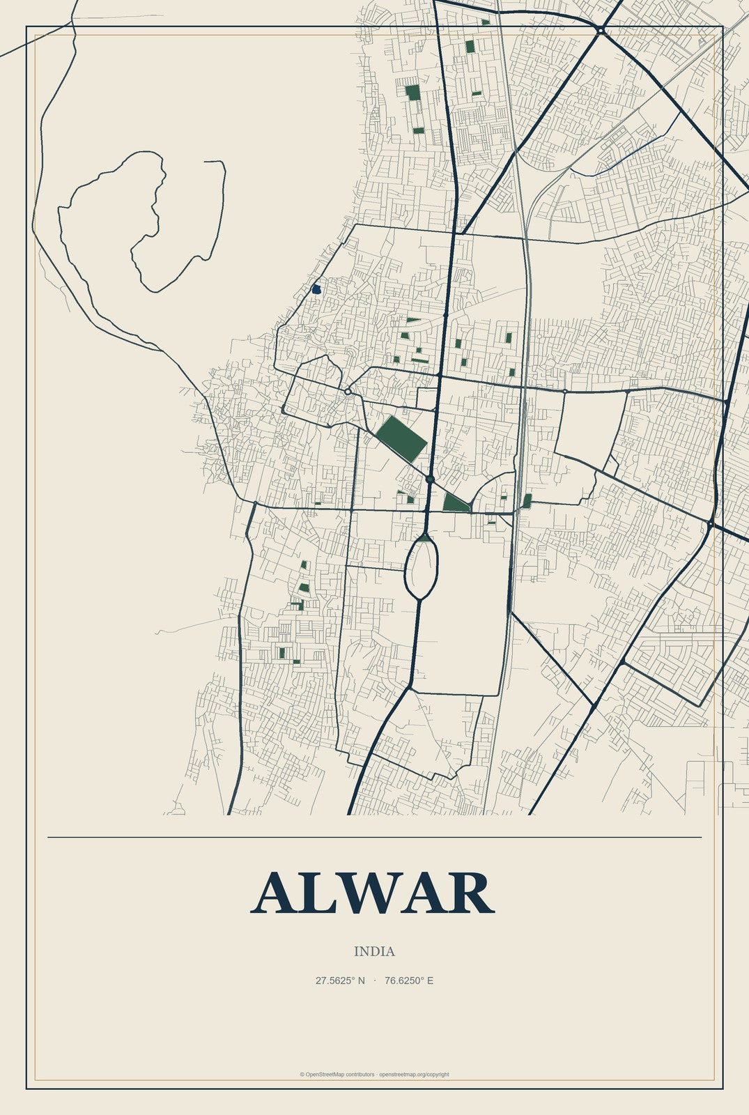 Alwar, India City Map Aluminum Sign in Coastal Cutout style