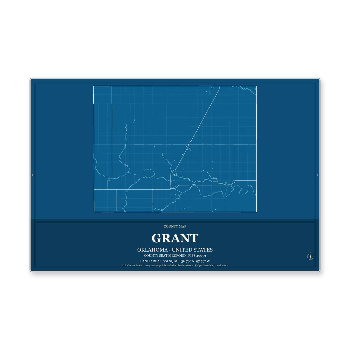 Grant County, Oklahoma Map Aluminum Sign in Harbor Cobalt style