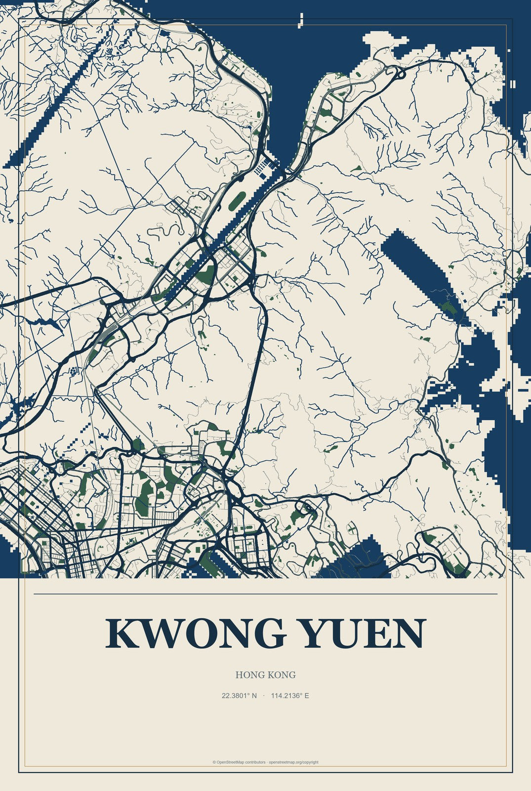 Kwong Yuen, Hong Kong City Map Aluminum Sign in Coastal Cutout style