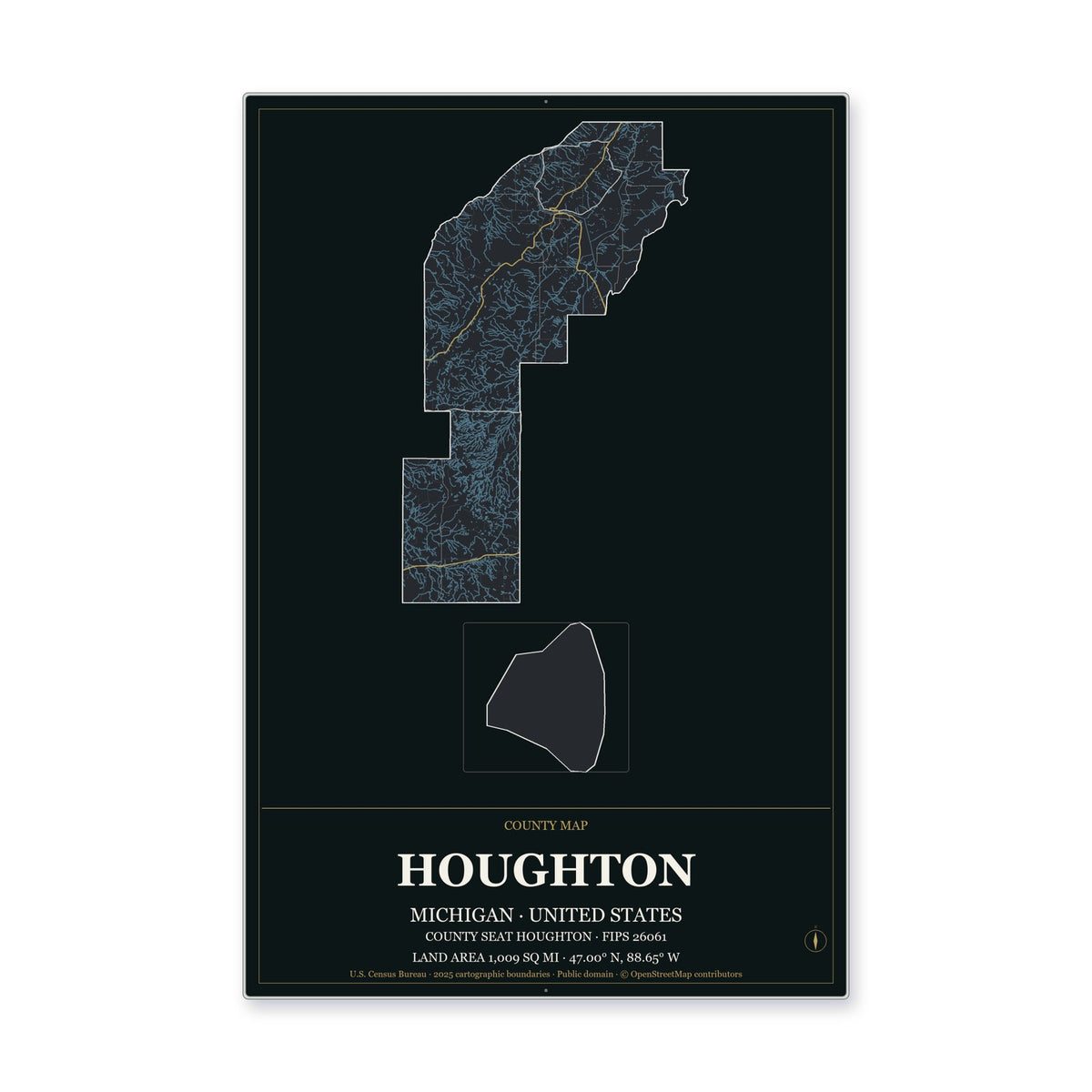 Houghton County, Michigan Map Aluminum Sign in Metropolitan Noir style