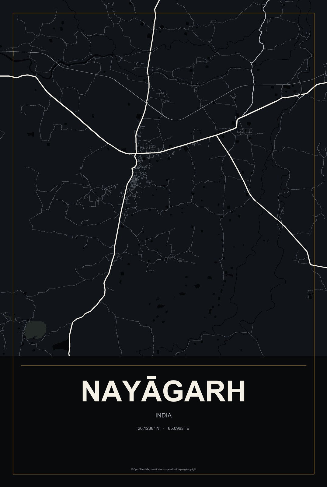 Nayāgarh, India City Map Aluminum Sign in Metropolitan Noir style