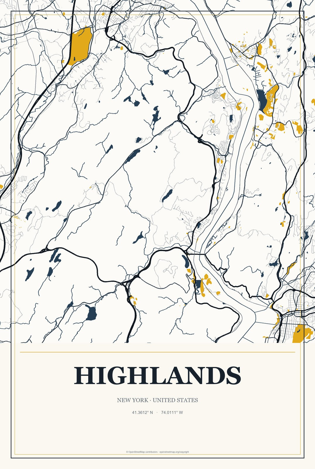 Highlands, New York City Map Aluminum Sign in Citrine Modern style