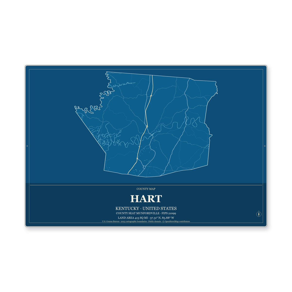 Hart County, Kentucky Map Aluminum Sign in Harbor Cobalt style