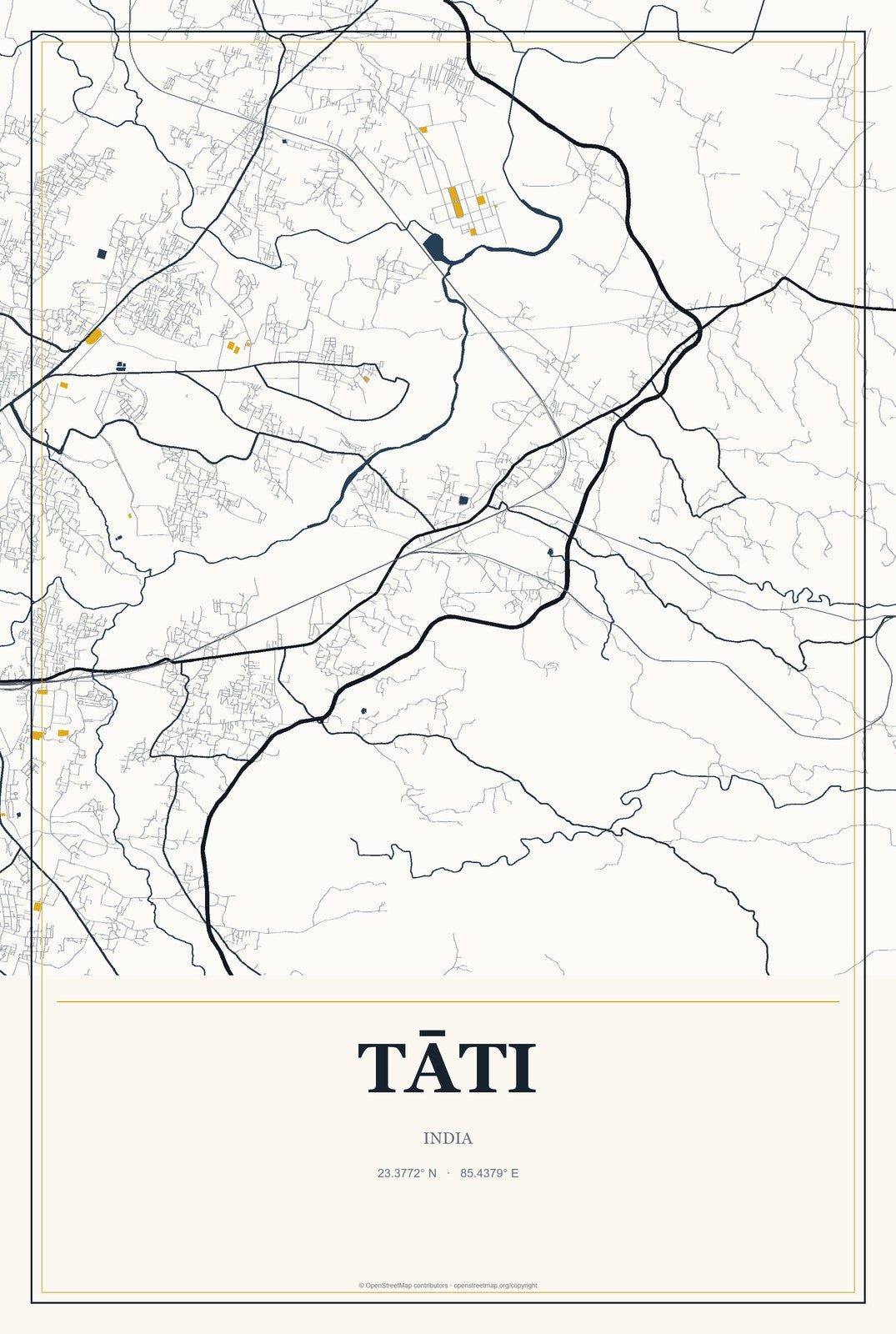 Tāti, India City Map Aluminum Sign in Citrine Modern style