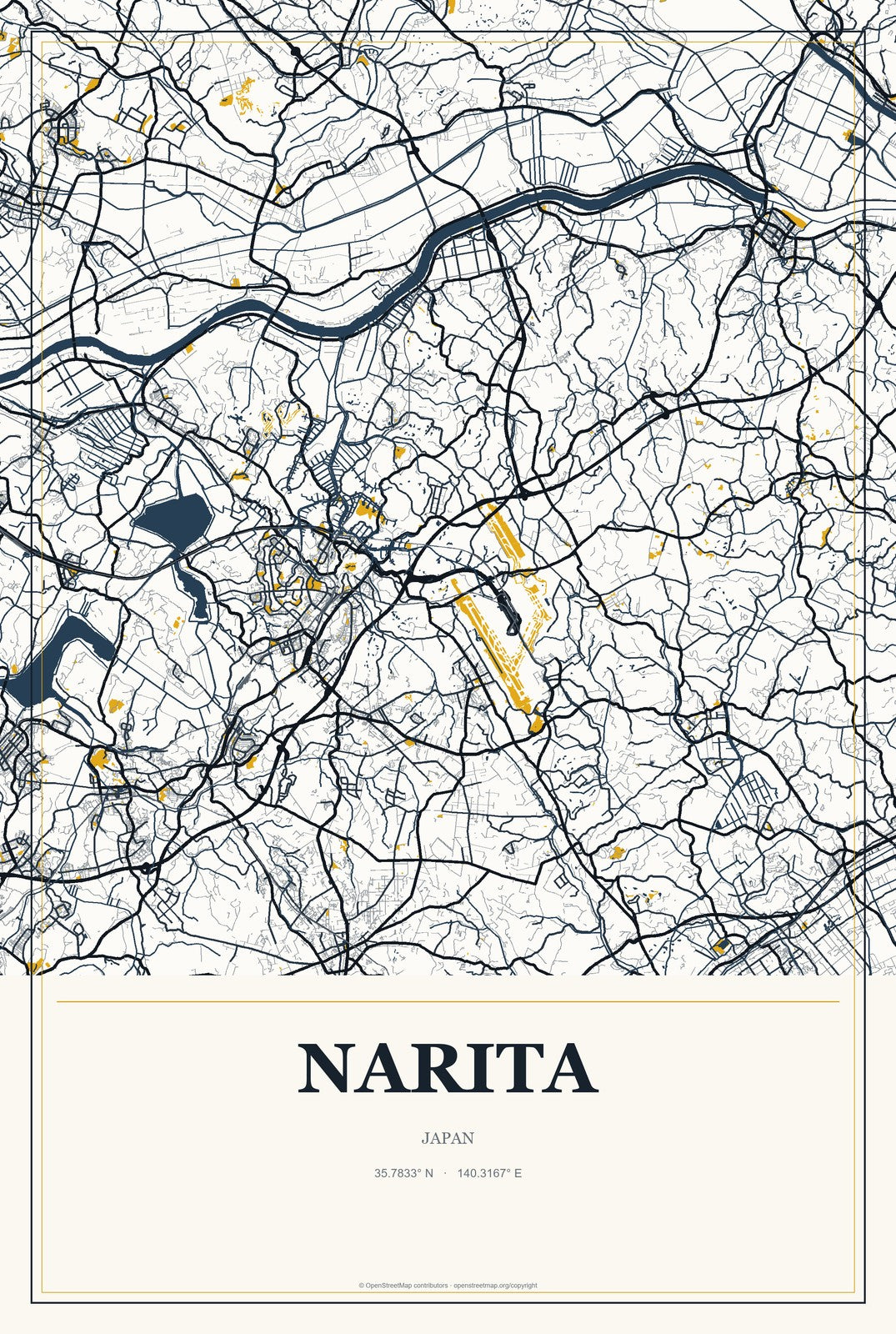 Narita, Japan City Map Aluminum Sign in Citrine Modern style