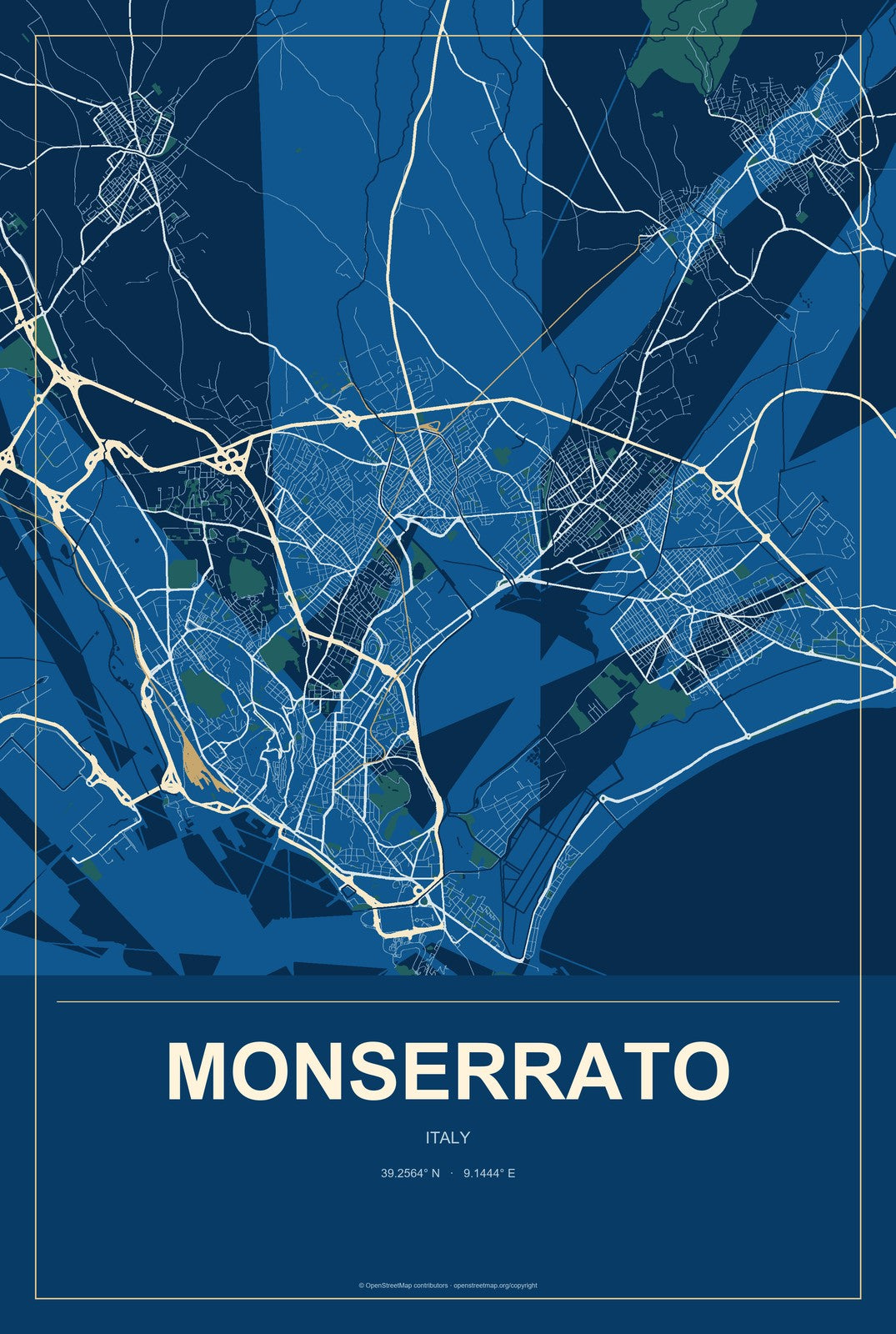 Monserrato, Italy City Map Aluminum Sign in Harbor Cobalt style