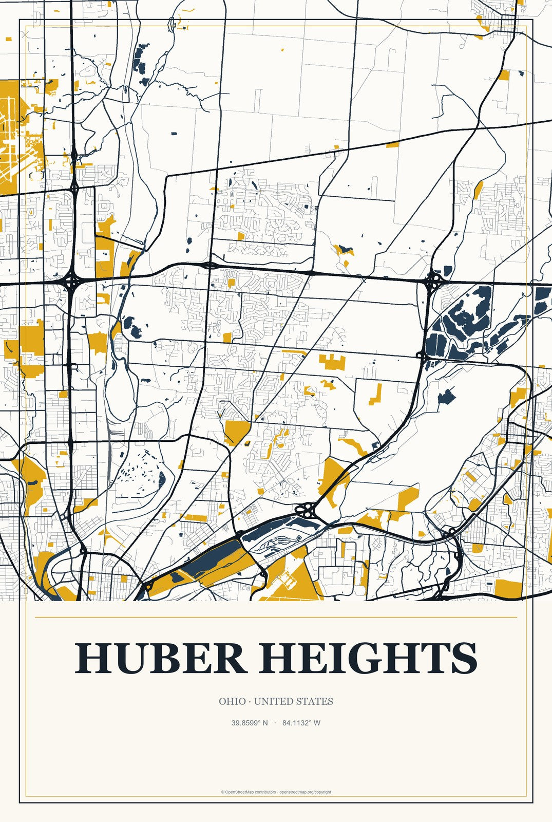 Huber Heights, Ohio City Map Aluminum Sign in Citrine Modern style