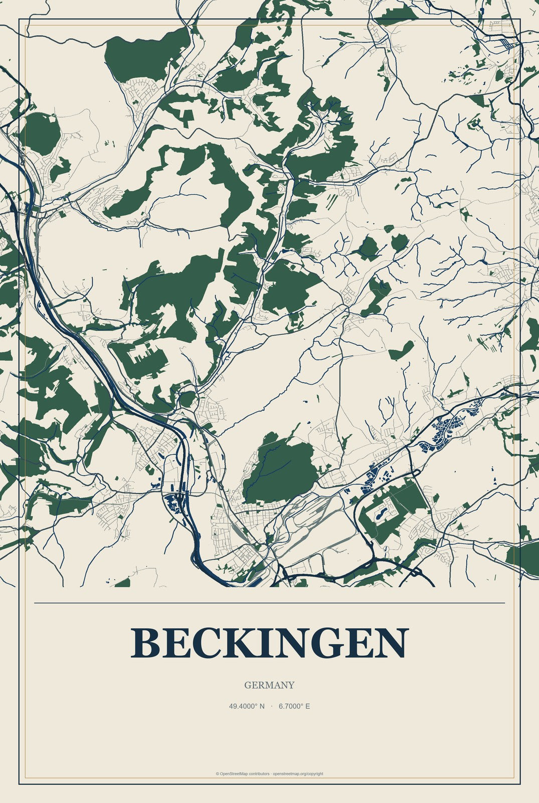 Beckingen, Germany City Map Aluminum Sign in Coastal Cutout style