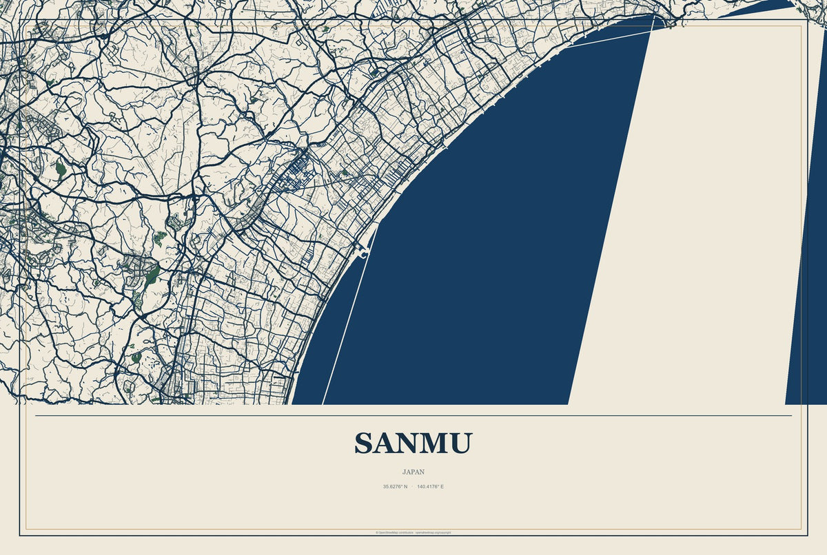 Sanmu, Japan City Map Aluminum Sign in Coastal Cutout style