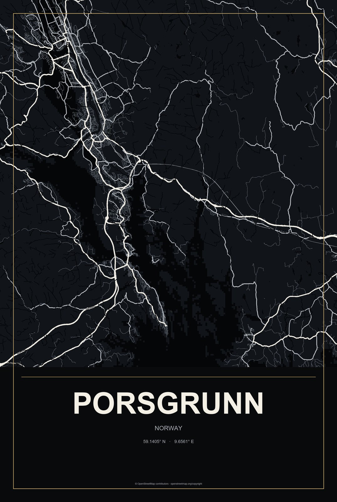 Porsgrunn, Norway City Map Aluminum Sign in Metropolitan Noir style