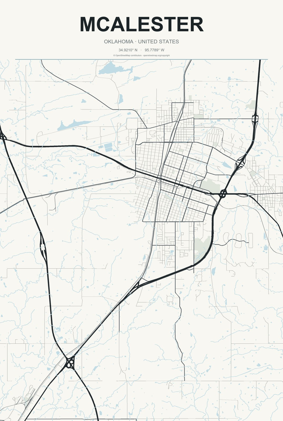McAlester, Oklahoma City Map Aluminum Sign in Headline Atlas style