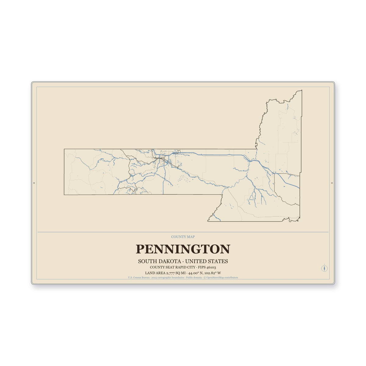 Pennington County, South Dakota Map Aluminum Sign in Heritage Nautical style