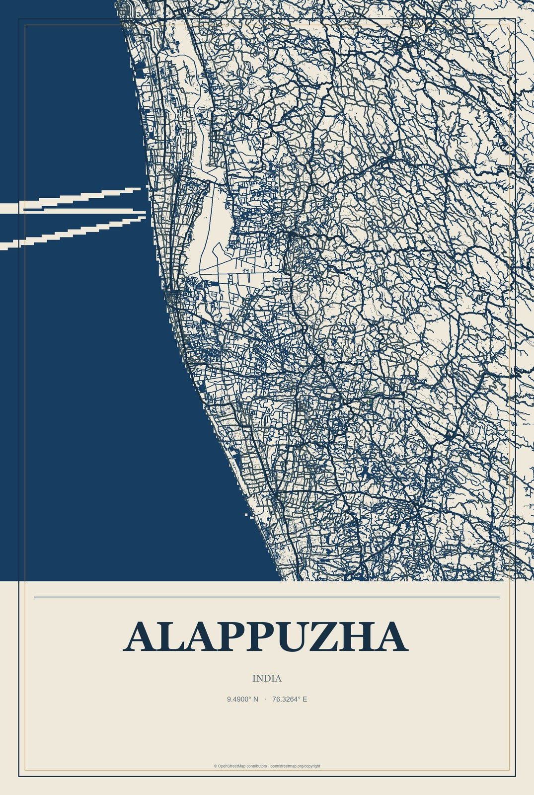 Alappuzha, India City Map Aluminum Sign in Coastal Cutout style