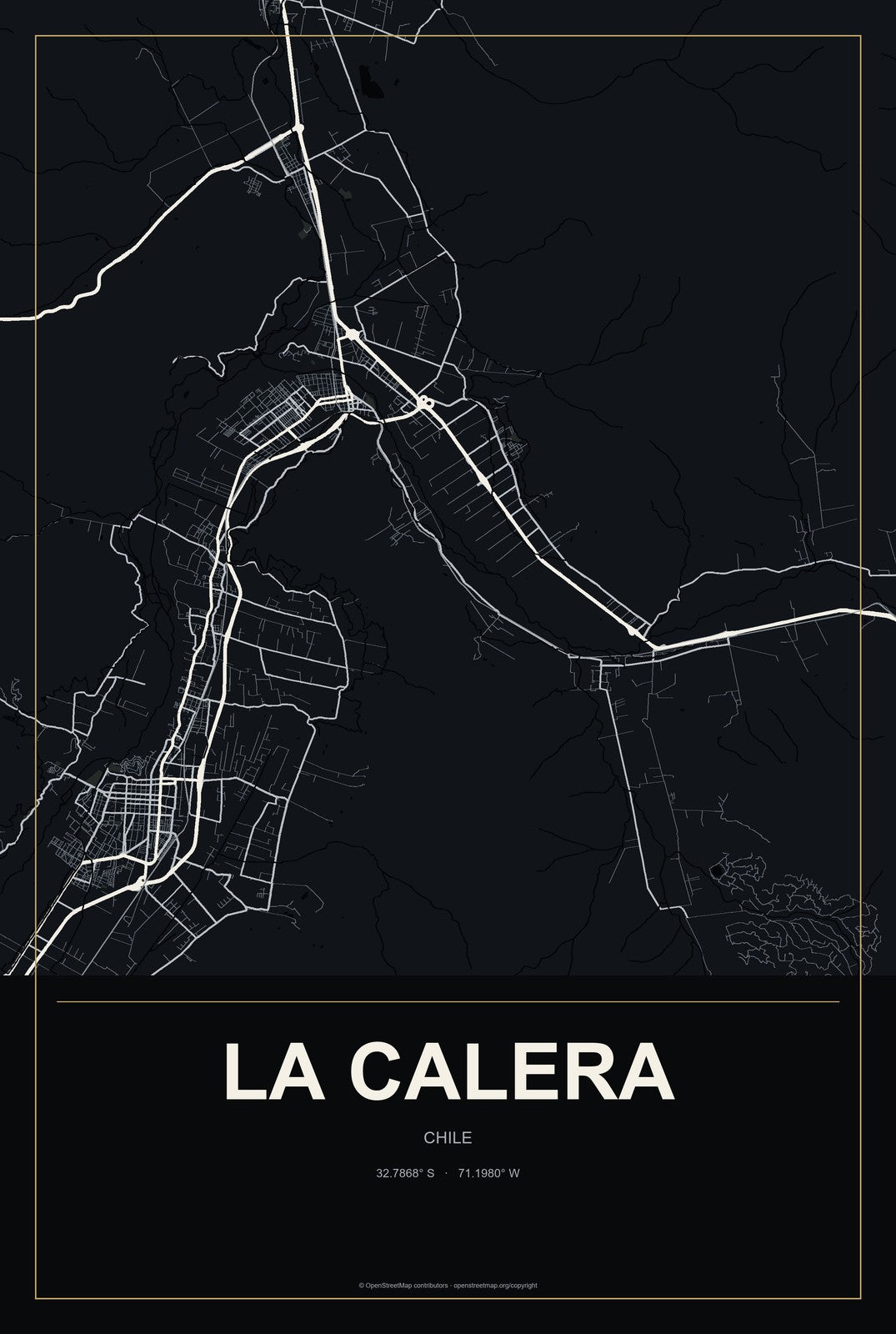 La Calera, Chile City Map Aluminum Sign in Metropolitan Noir style