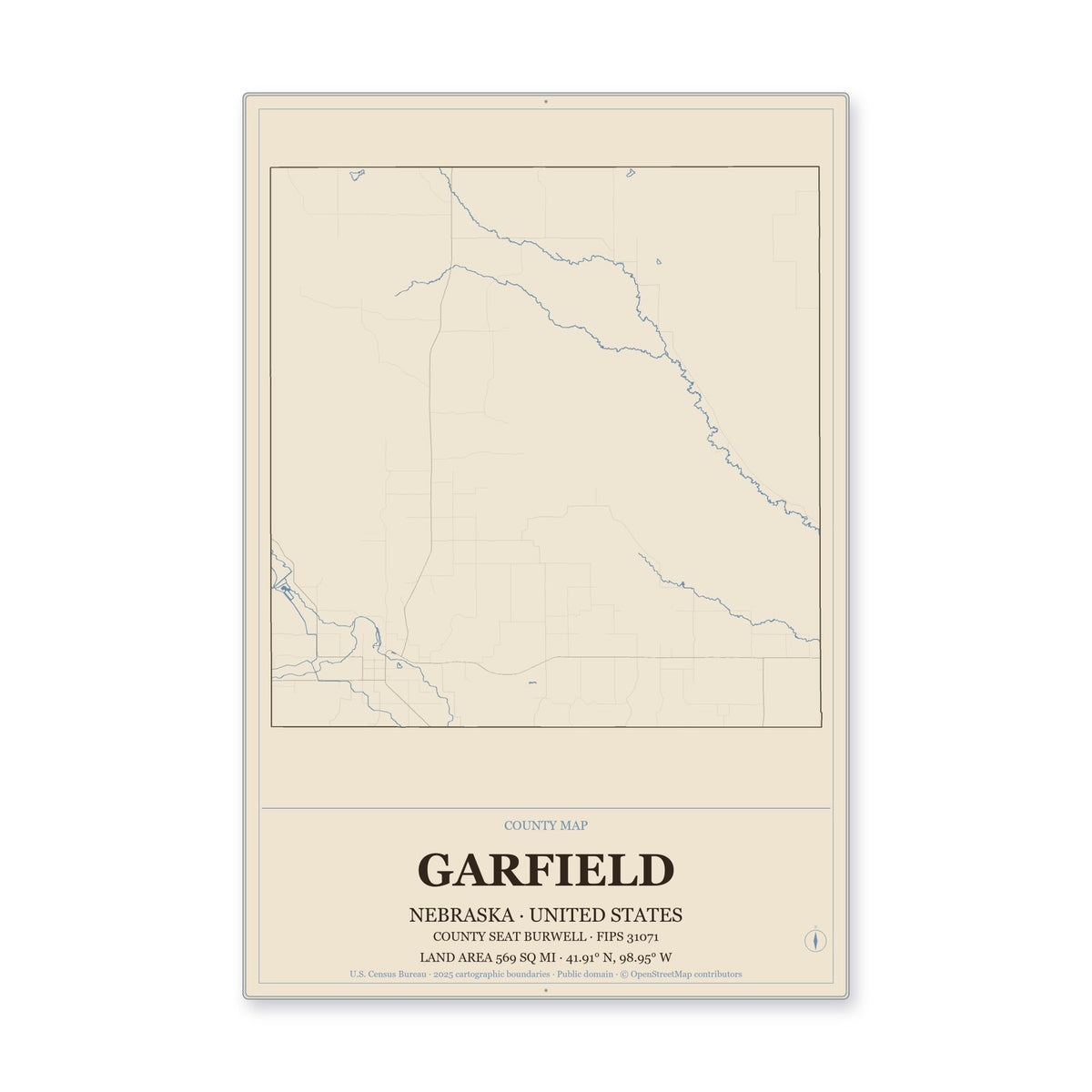 Garfield County, Nebraska Map Aluminum Sign in Heritage Nautical style